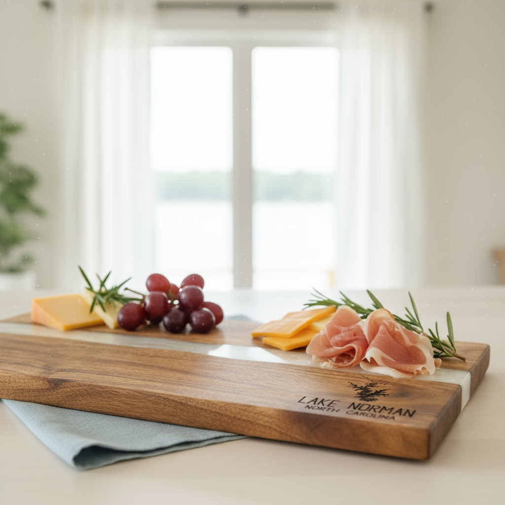 Wooden cutting board with cheese, grapes, and prosciutto on a blurred kitchen background