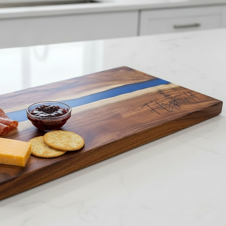 Wooden charcuterie board with fruits, meats, and cheese on a kitchen counter.