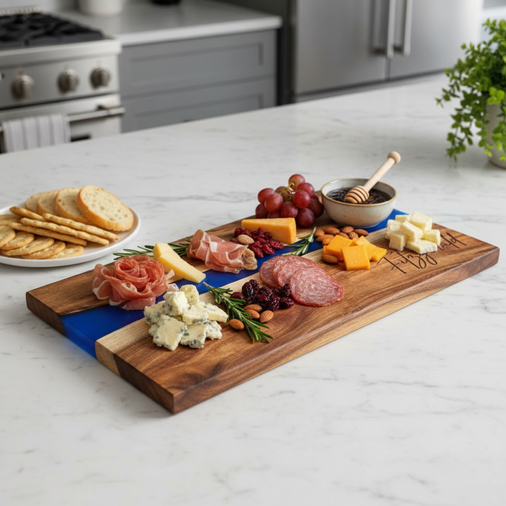 Wooden charcuterie board with assorted meats, cheeses, and fruits on a kitchen counter.