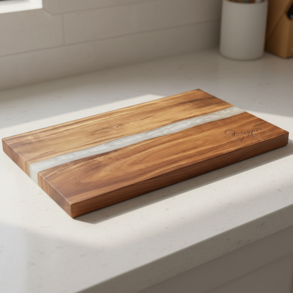 Wooden cutting board with pearl white resin inlay on a kitchen counter. Last name "Bryant" is engraved in bottom right corner of board.