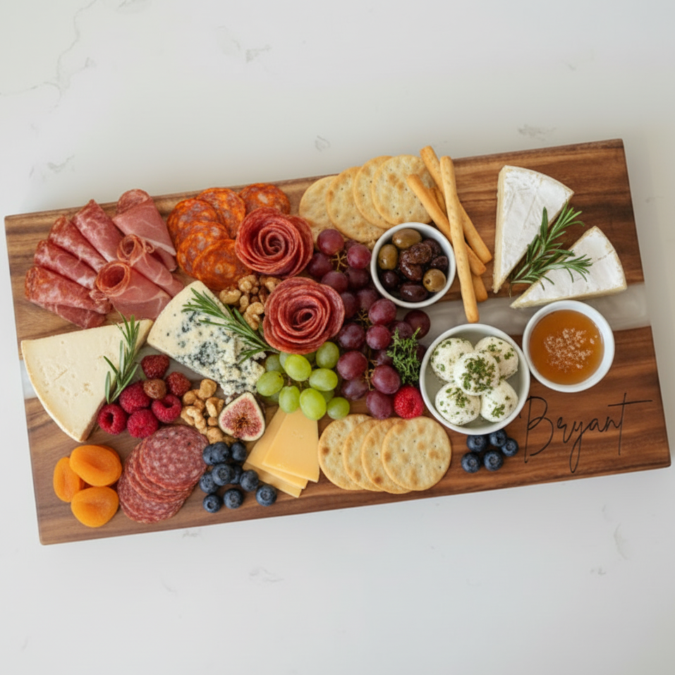 Wooden charcuterie board with various meats, cheeses, fruits, and crackers on a white surface. Last name "Bryant" is engraved in bottom right corner of board.