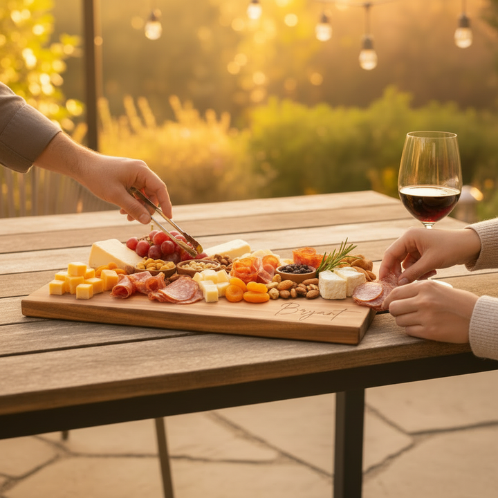 Two people enjoying a charcuterie board with wine on a wooden table outdoors.