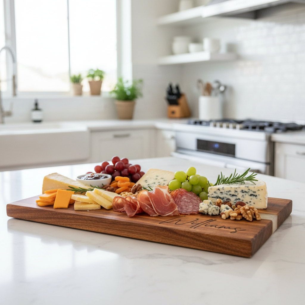Wooden charcuterie board with meats, cheeses, and fruits on a kitchen counter. Last name 'Williams' is engraved in bottom right corner.