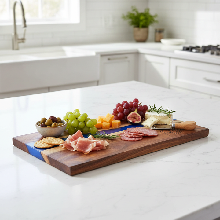 Wooden cutting board with meats, cheeses, and fruits on a kitchen counter.