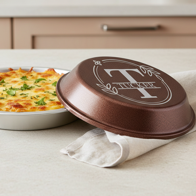Copper lid with initial and name wreath design engraved on top sitting on a kitchen counter with a casserole in it