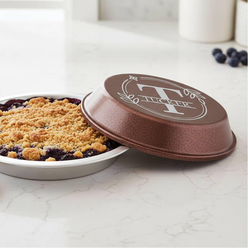 Blueberry crumble pie in an aluminum pie pan with a copper lid on a marble surface.