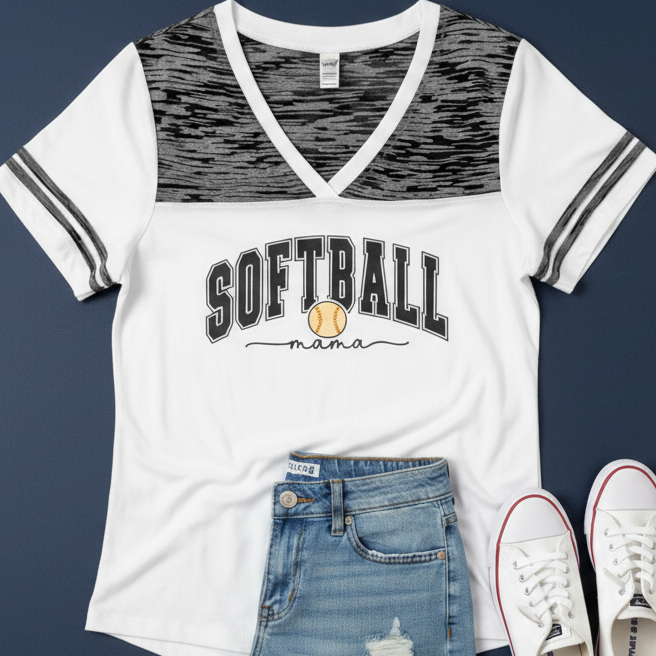 Softball Mama Varsity Tee | White &amp; Gray-Black Colorblock