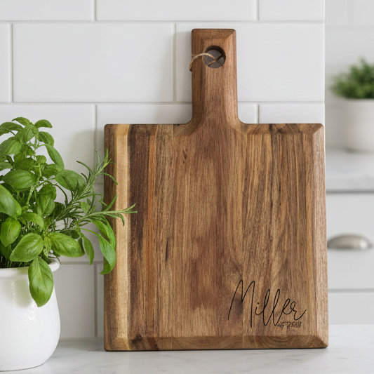 Personalized Engraved Cutting Board with Script Name | Acacia Wood Square Cutting Board