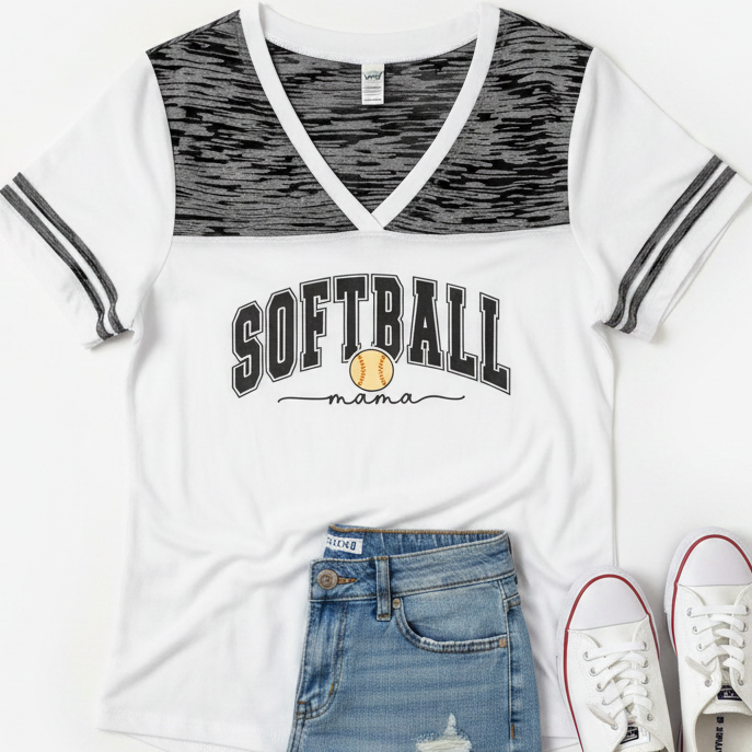 Softball Mama Varsity Tee | White &amp; Gray-Black Colorblock
