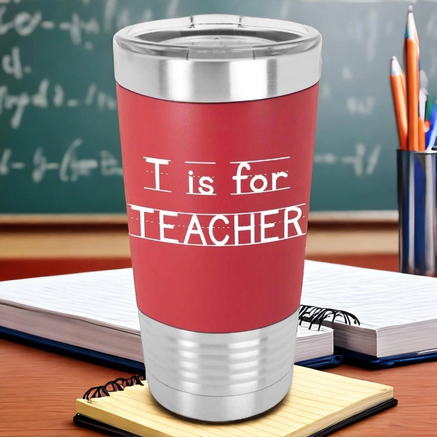 Stainless steel 20 ounce teacher travel mug with a red silicone sleeve around the middle that's laser engraved in white primary lined writing paper font that says T is for Teacher. Tumbler is sitting on a notepad with books and a chalkboard behind it.