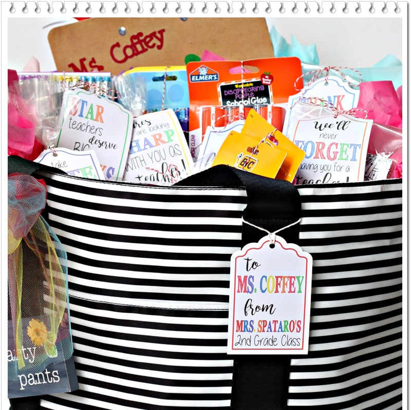 Striped gift bag filled with teacher appreciation items and a personalized tag.