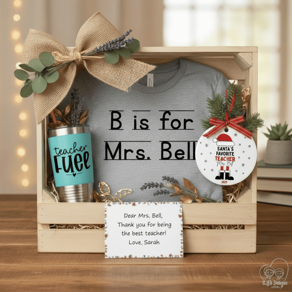 Gift set with t-shirt, mug, and ornament in a wooden crate on a wooden surface.