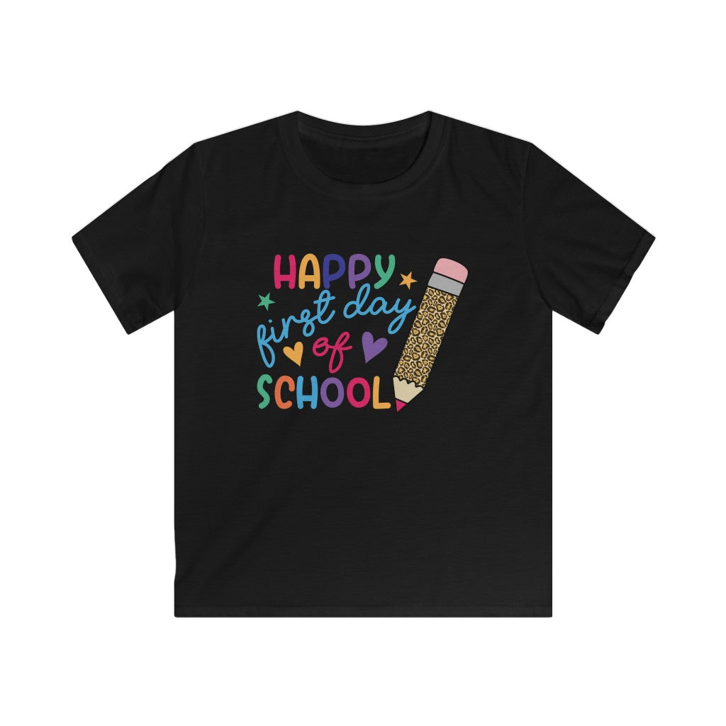 Black youth back to school shirt with a whimsical, giant leopard print pencil perfectly complemented by rainbow-colored words that spell out Happy 1st Day of School.