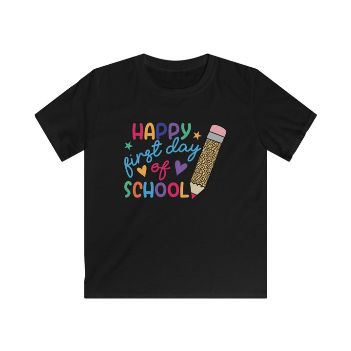 Black youth back to school shirt with a whimsical, giant leopard print pencil perfectly complemented by rainbow-colored words that spell out Happy 1st Day of School.