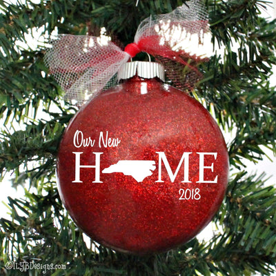 Our New Home Christmas Ornament Personalized with State Silhouette "O" | Realtor Ornament | Personalized Glitter