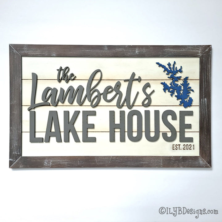 Family Lake House Shiplap Sign with Lake Silhouette