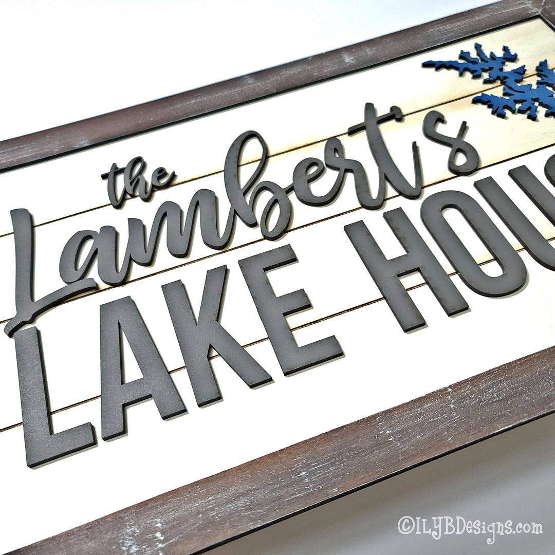 Family Lake House Shiplap Sign with Lake Silhouette
