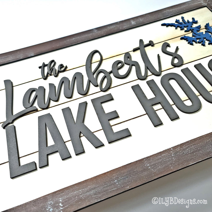 Family Lake House Shiplap Sign with Lake Silhouette