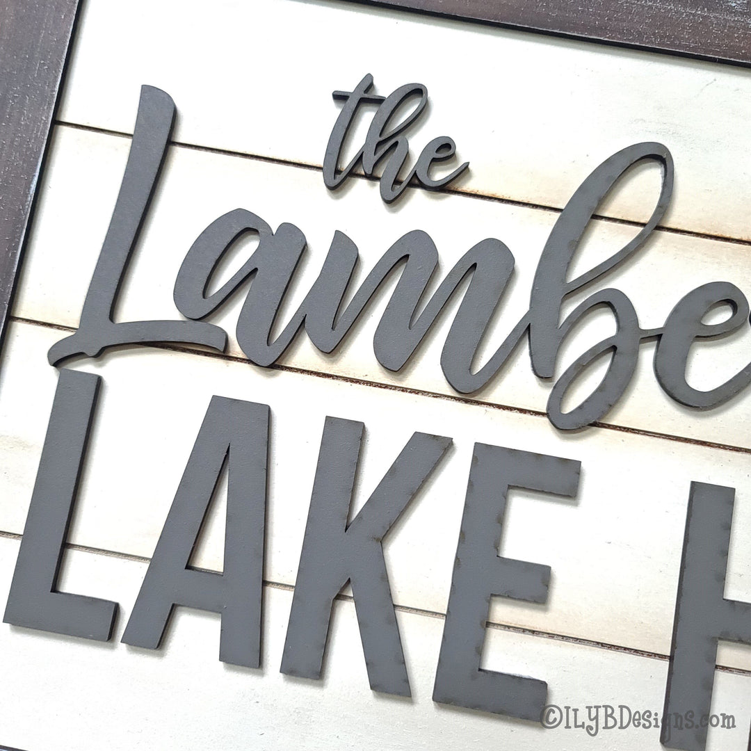Family Lake House Shiplap Sign with Lake Silhouette