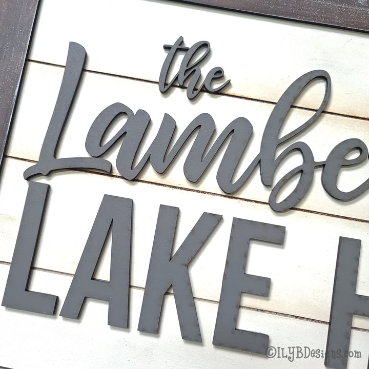 Family Lake House Shiplap Sign with Lake Silhouette