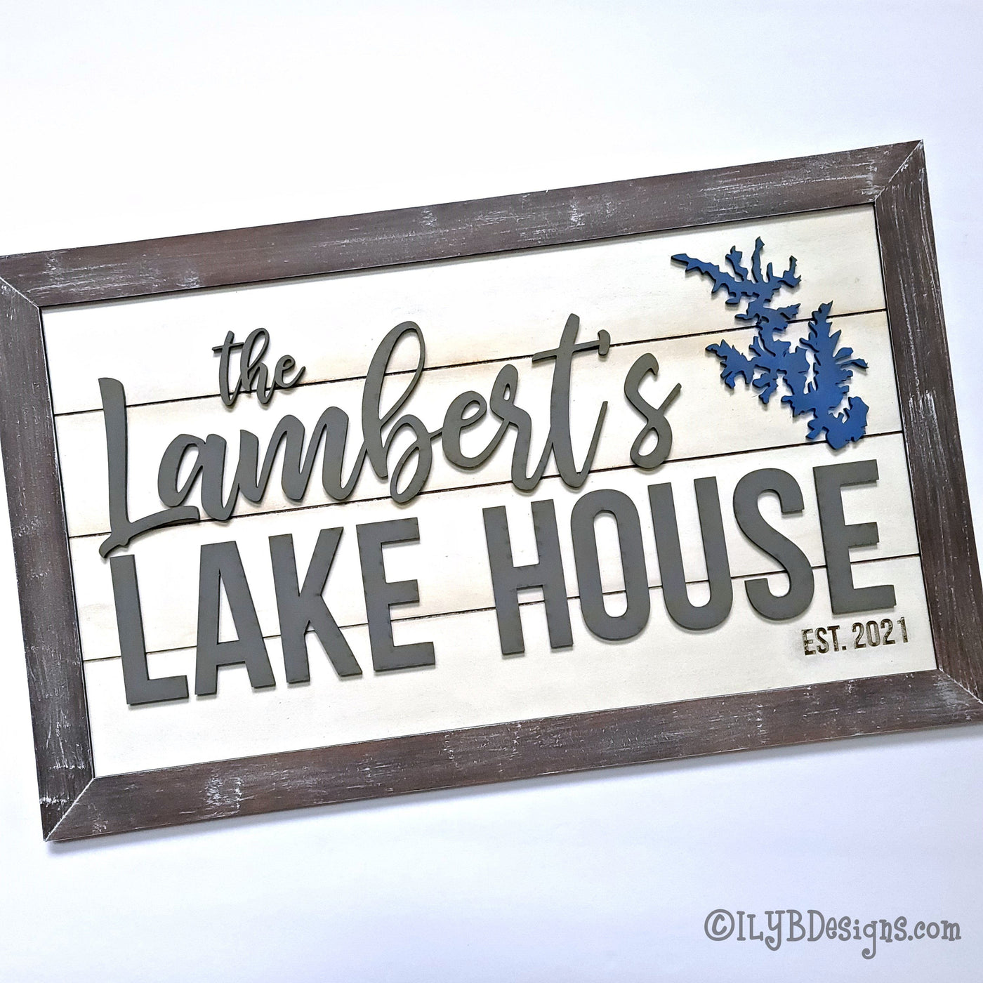 Family Lake House Shiplap Sign with Lake Silhouette