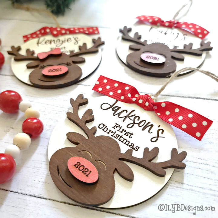 Baby's 1st Christmas Reindeer Ornament | Personalized Laser Cut Wood Ornament