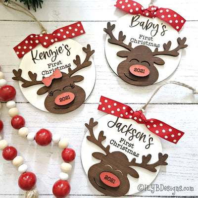 Baby's 1st Christmas Reindeer Ornament | Personalized Laser Cut Wood Ornament