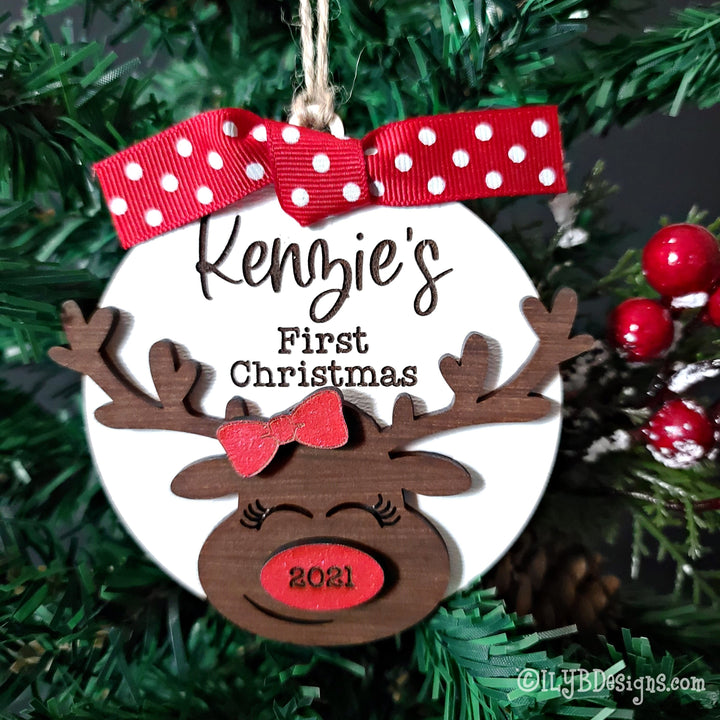 Baby's 1st Christmas Reindeer Ornament | Personalized Laser Cut Wood Ornament