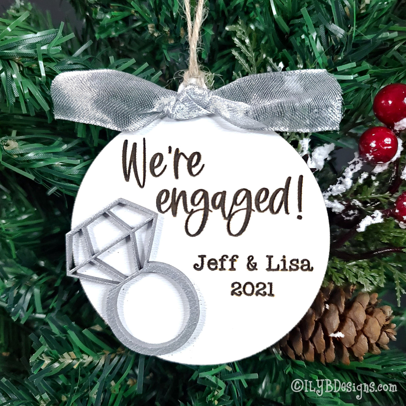 We're Engaged Christmas Ornament | Personalized Laser Cut Wood Ornament