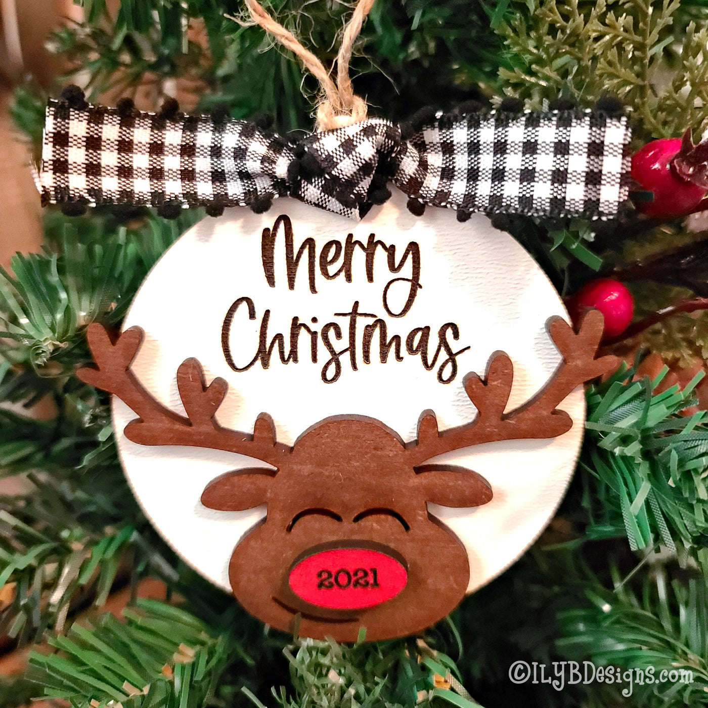 Merry Christmas Reindeer Ornament | Personalized Laser Cut Wood Ornament