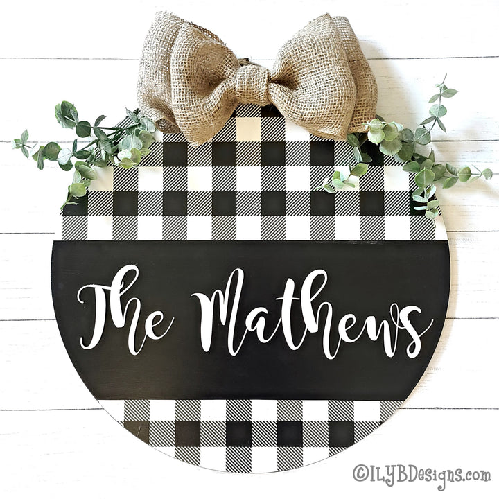 Round Family Name Door Hanger | Black Buffalo Plaid Sign