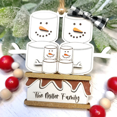 S'mores Family Christmas Ornament | Up to Family of 8 | Personalized Laser Cut Wood Ornament