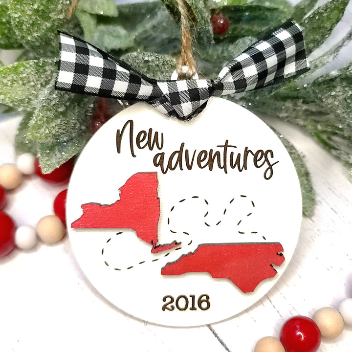 We Moved / New Adventures State Silhouette Christmas Ornament | Personalized Laser Cut Wood Ornament