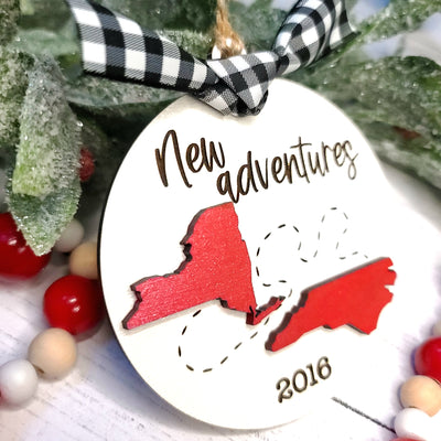We Moved / New Adventures State Silhouette Christmas Ornament | Personalized Laser Cut Wood Ornament