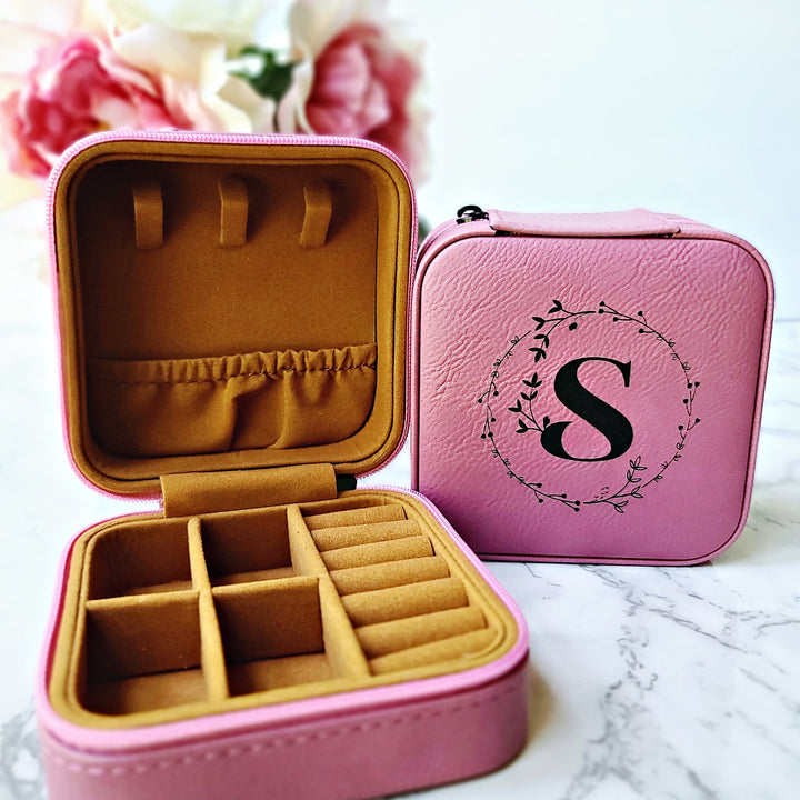 LETTER S ONLY AVAILABLE- Monogrammed Initial in Floral Circle | Travel Jewelry Box