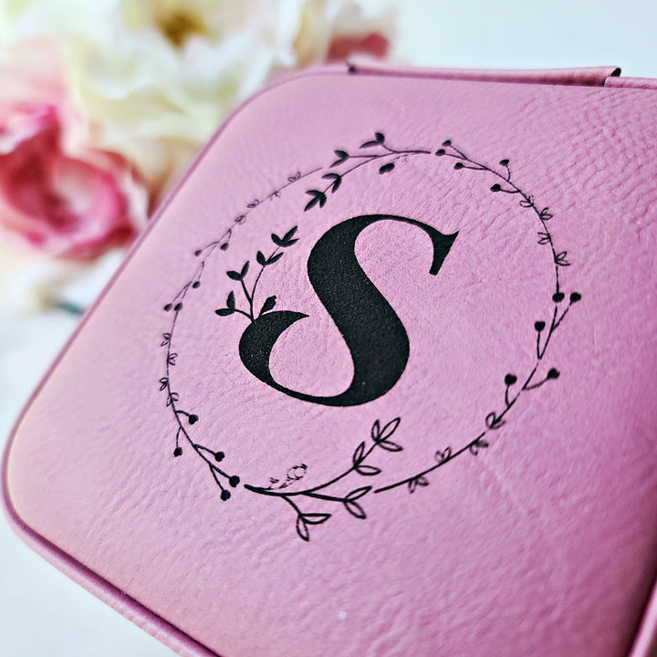 LETTER S ONLY AVAILABLE- Monogrammed Initial in Floral Circle | Travel Jewelry Box