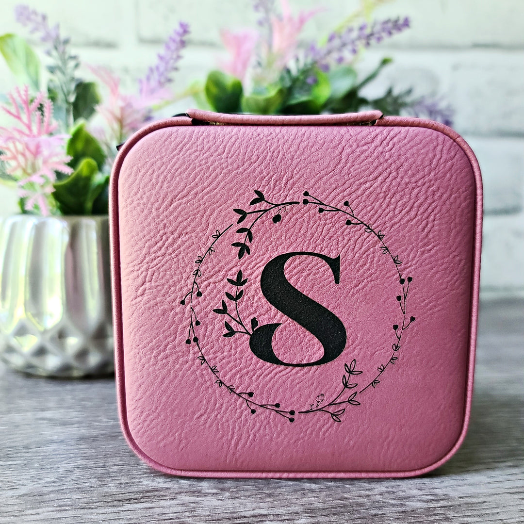 LETTER S ONLY AVAILABLE- Monogrammed Initial in Floral Circle | Travel Jewelry Box