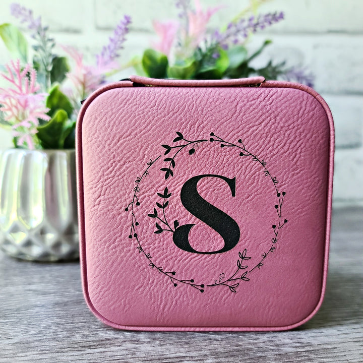 LETTER S ONLY AVAILABLE- Monogrammed Initial in Floral Circle | Travel Jewelry Box