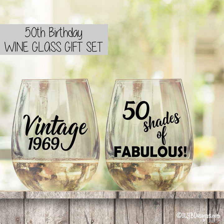 50th Birthday Wine Glass Set  -  VINTAGE & 50 SHADES OF FABULOUS - ILYB Designs