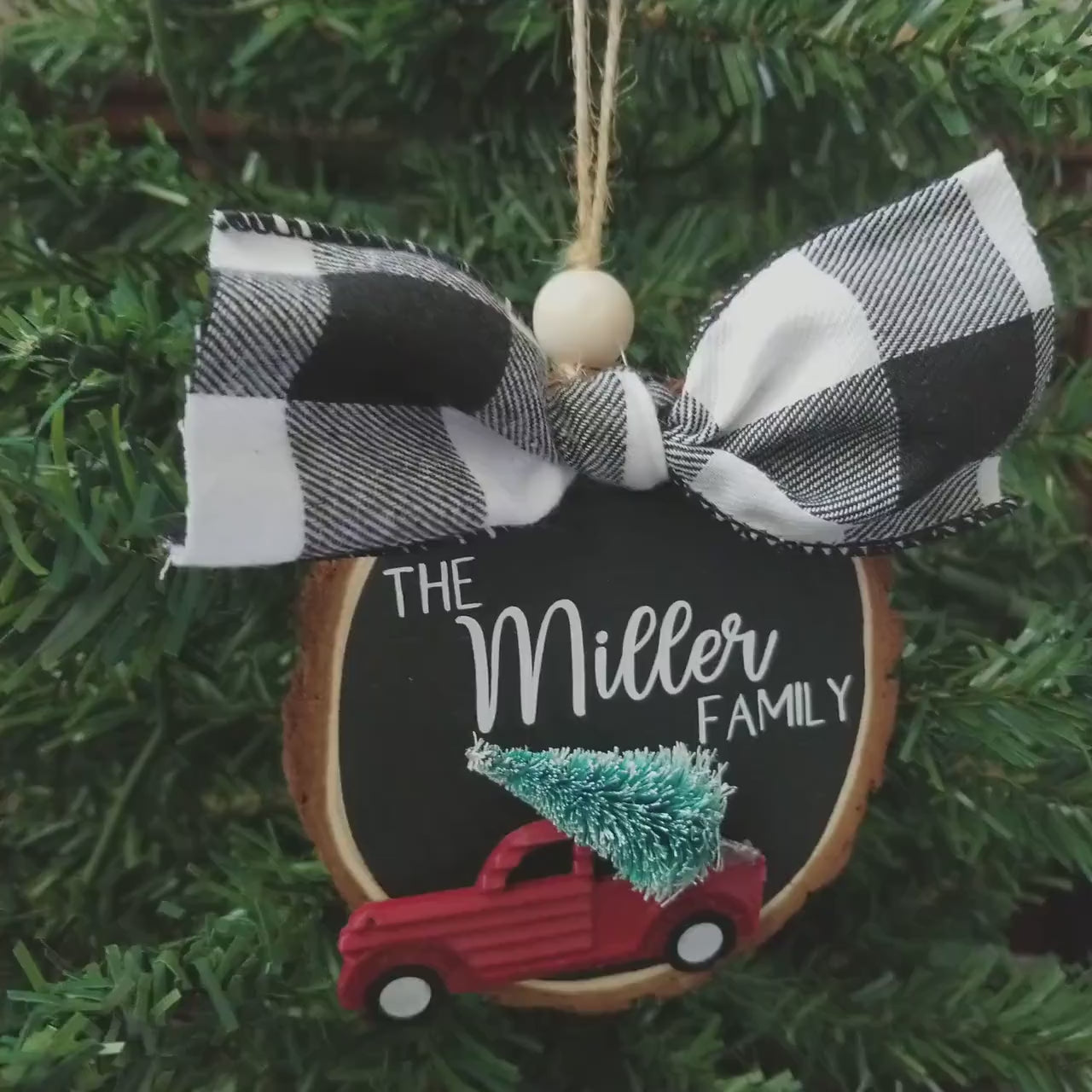 Personalized Red Truck Family Christmas Ornament | Personalized Wood Slice