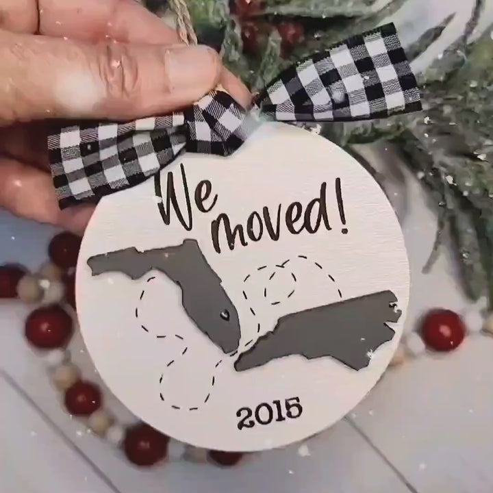 We Moved / New Adventures State Silhouette Christmas Ornament | Personalized Laser Cut Wood Ornament