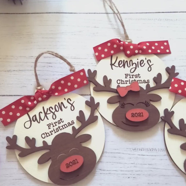 Baby's 1st Christmas Reindeer Ornament | Personalized Laser Cut Wood Ornament