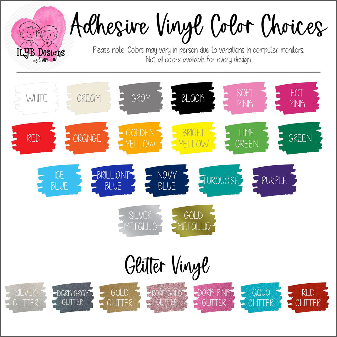 Graphic: adhesive vinyl colors, white, cream, gray, black, soft pink, hot pink, red, orange, golden yellow, bright yellow, lime green, green, ice blue, brilliant blue, navy blue, turquoise, purple, silver metallic, gold metallic, silver glitter, dark gray glitter, gold glitter, rose gold glitter, dark pink glitter, aqua glitter, red glitter