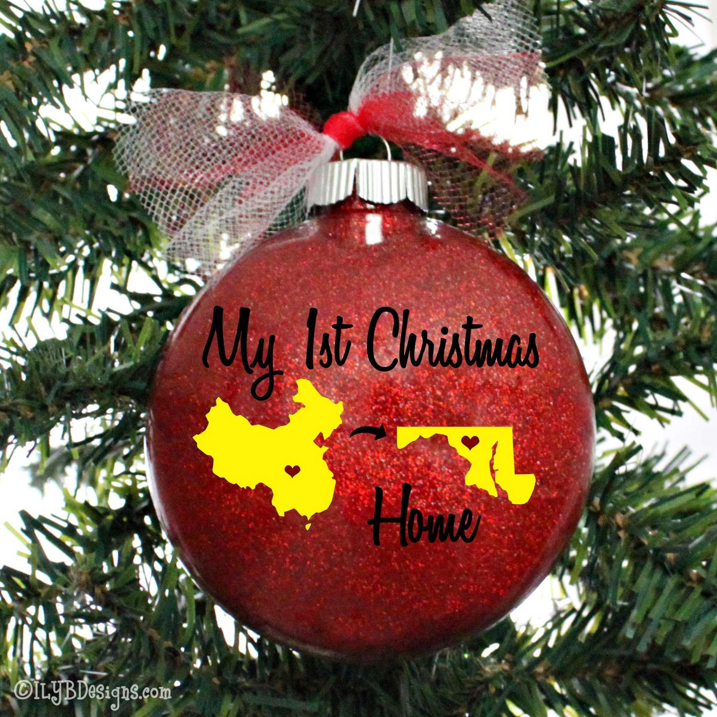 Adoption Christmas Ornament with Country & State | Personalized Glitter