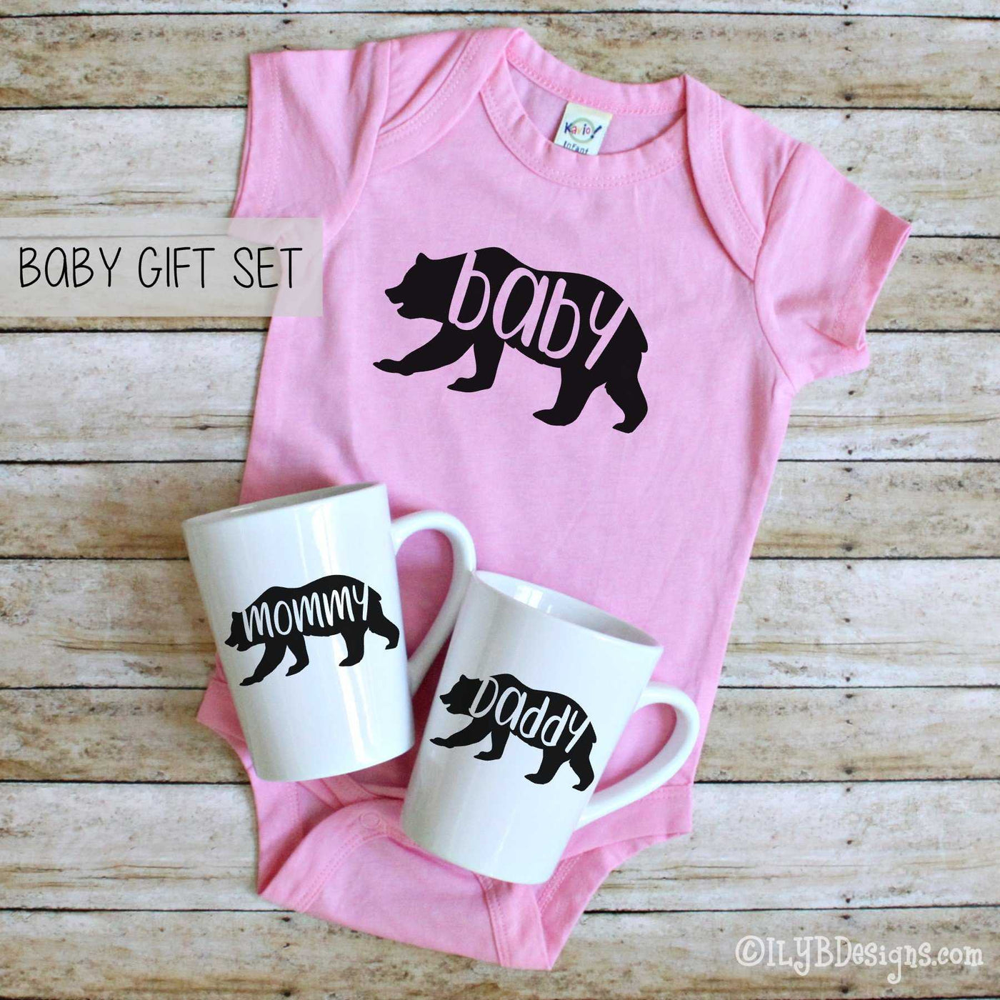 Baby Bear Baby Gift Set - Mommy Bear Daddy Bear Coffee Mugs - Baby Bear Bodysuit - ILYB Designs