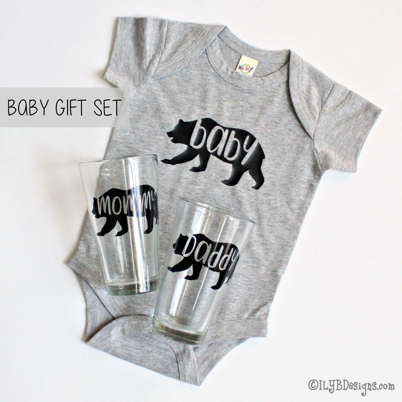 Baby Bear Baby Gift Set - Mommy Bear Daddy Bear Pint Glasses - Baby Bear Bodysuit - ILYB Designs