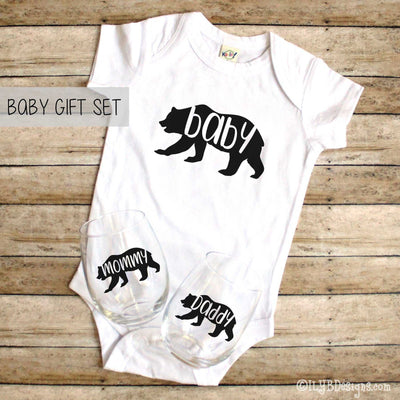 Baby Bear Baby Gift Set - Mommy Bear Daddy Bear Wine Glasses - Baby Bear Bodysuit - ILYB Designs