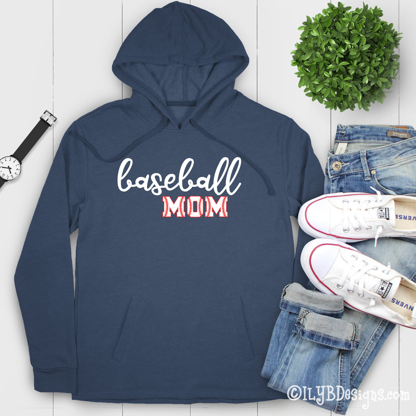 Navy hoodie with baseball written in white script with mom underneath in red and white letters that look like baseballs.