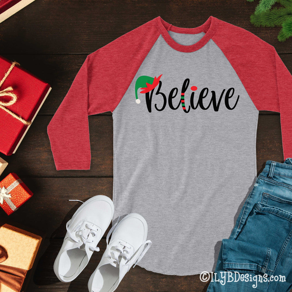 Elf Believe Christmas Shirt - Christmas Elf Believe T-shirt - Christmas Baseball Raglan Shirt - Christmas Believe Shirt - ILYB Designs