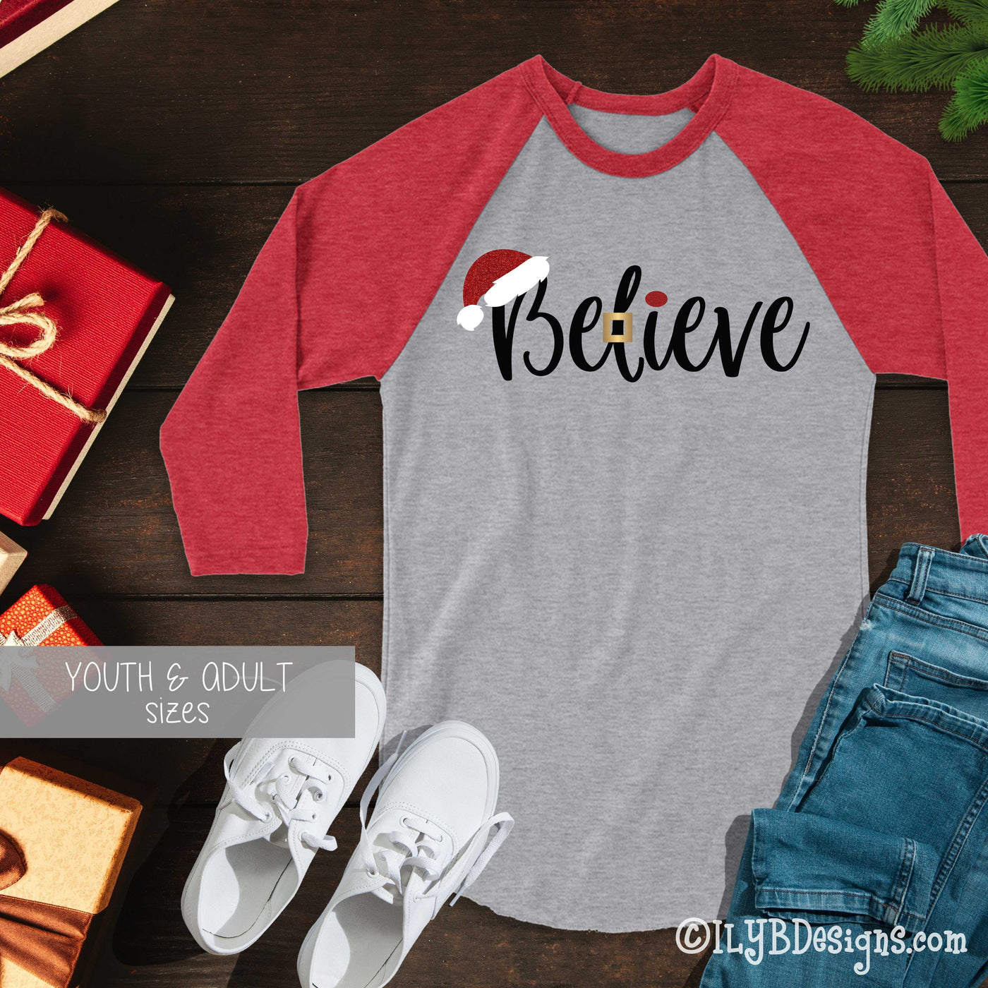 Santa Believe Christmas Shirt - Christmas Santa Believe T-shirt - Christmas Baseball Raglan Shirt - Christmas Believe Shirt - ILYB Designs